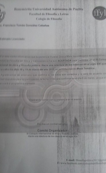 Nueva aceptaci&oacute;n internacional (decimonovena) a Ponencia del fil&oacute;sofo Francisco Gonz&aacute;lez Caba&ntilde;as