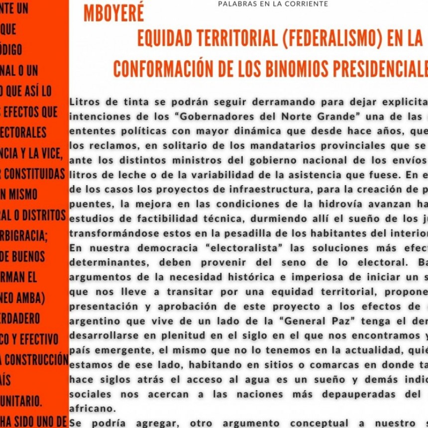 Equidad territorial (federalismo) en la conformaci&oacute;n de los binomios presidenciales. 