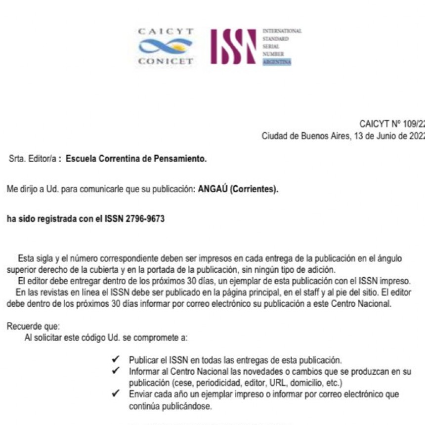 Otorgan a la revista "Anga&uacute;" n&uacute;mero de ISSN (International Standard Serial Number).