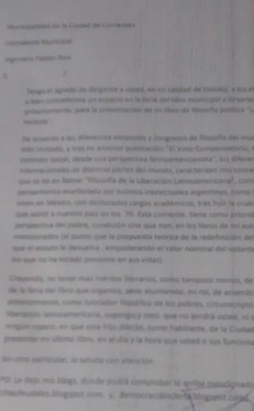 Carta Abierta al Se&ntilde;or Intendente de la Ciudad de Corrientes:
