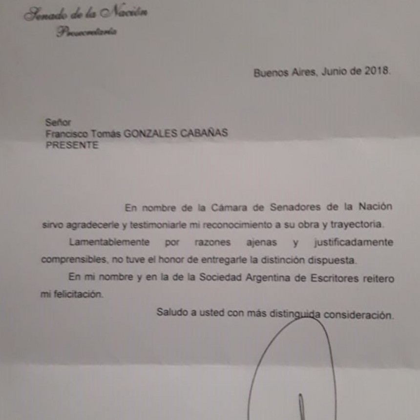 Reconocimiento y felicitaci&oacute;n desde el Senado de la Naci&oacute;n y la Sade a la obra de Francisco Gonz&aacute;lez Caba&ntilde;as.