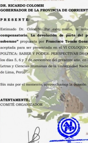 Noveno Congreso de Filosof&iacute;a (Puebla, M&eacute;xico) que acepta tesis de Francisco Tom&aacute;s Gonz&aacute;lez Caba&ntilde;as