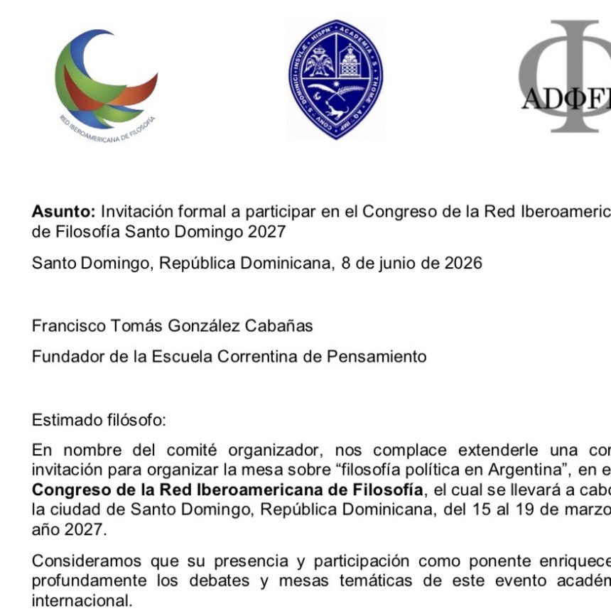 Invitan a fil&oacute;sofo correntino a Congreso de filosof&iacute;a en Rep&uacute;blica Dominicana. 